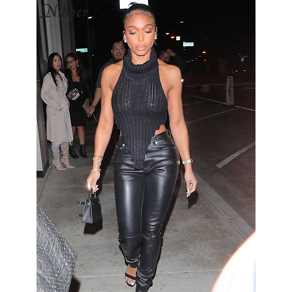 Nibber Genser Strikket Topper Turtleneck Basic Tank Top Beauty Back Genser Genser Vest 2023 Sommer Elegant Streetwear Dame Black M