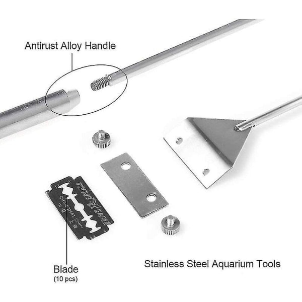 Algeraspa 65cm lång, med rostfritt stål blad, rengöringsverktyg för glasakvarium, med 10 blad