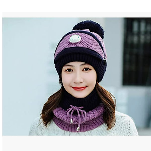 Vinter Fashion Ridehat Ørevarmer Uldmaske Halsbeklædning Koreansk Mode Varm Strik Tredelt Sæt Lilla