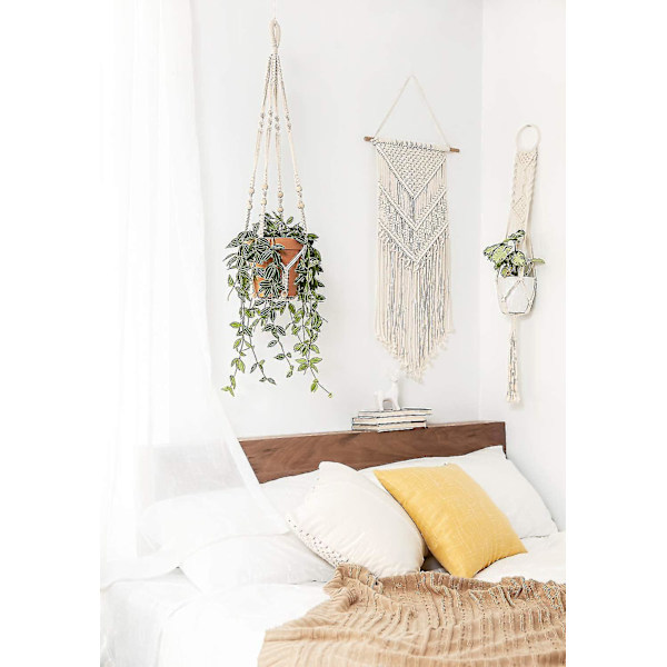 Macrame växt hängare inomhus utomhus hängande planter korg bomullsrep med pärlor, Elfenben