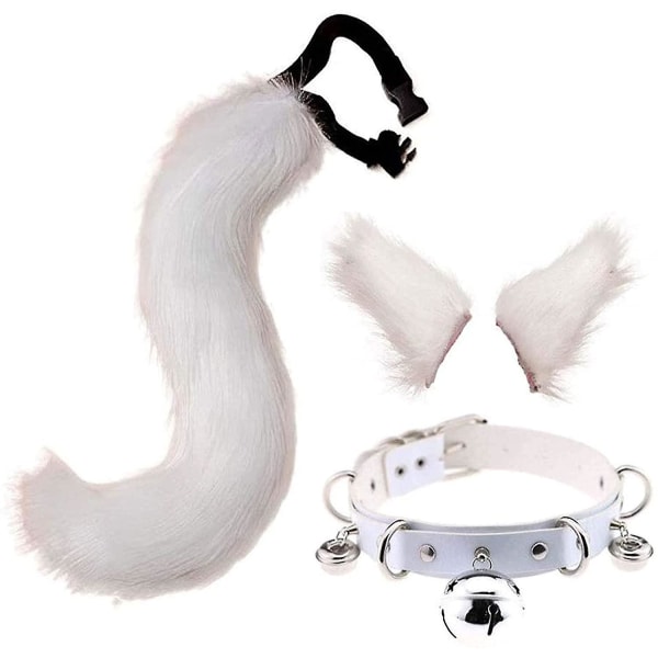 Tail And Ears Set, Long Fox Tail Cosplay Fuskpäls Furry Fox Wolf Tail Kit Med Öron Och Bells Krage För Barn, Flickor, Pojkar White