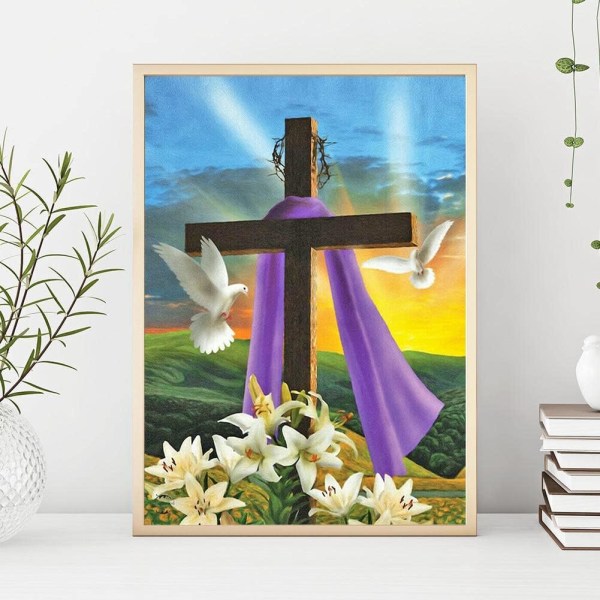 5D Diamond Painting Kit Jesus Cross and Flowers DIY Diamond Paining Diamond Art Kit til voksne og børn Fuld Diamond Diamond Crafts Home Decoration