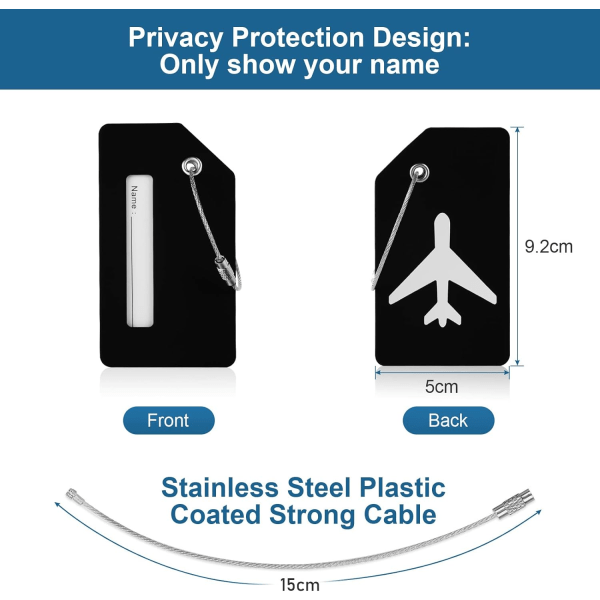 2 svarte silikon bagasjelapper med ID, silikon bagasjelapp med rustfritt stålkabel, håndveskelapp