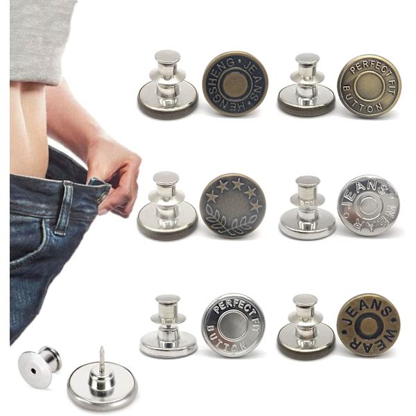 6-pack jeansknappar, justerbara knappnålar, åtstramning av byxmidja, ingen sömnad och inga verktyg, omedelbara byxnålar, enkel installation, återanvändbara