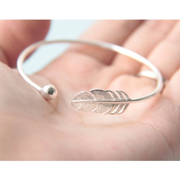 925 Enkelt Etniskt Bohémiskt Fjäder Öppet Smycke Armband Silver