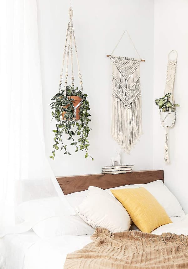 Macrame växt hängare inomhus utomhus hängande planter korg bomullsrep med pärlor, Elfenben
