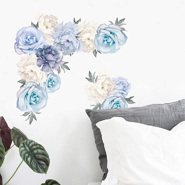 Blommiga pionväggdekaler, blommväggdekaler, blommande pionrosväggposters, akvarellblomväggdekaler