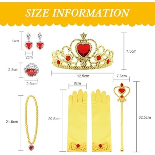 Størrelse: 4-5 år, Prinsesse Belle kjole, 9PCS Prinsesse Belle, Belle kostume/hættekappe kostume til cosplay bryllup karneval fødselsdagsfest, gul