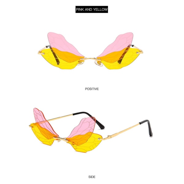 Sudenkorentosiipi aurinkolasit Kehyksettömät Epäsäännölliset Sävylasit Muotia Persoonallisuus Silmälasit Naisille Pink and Yellow