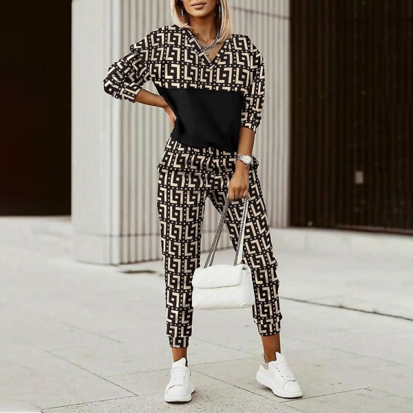 Träningsset Dam Huvtröja Tvådelad Set Vår Höst Kläder Bokstavstryck Colorblock T-shirt Topp Långa Byxor Kostym Set Outfits Mujer 1 S