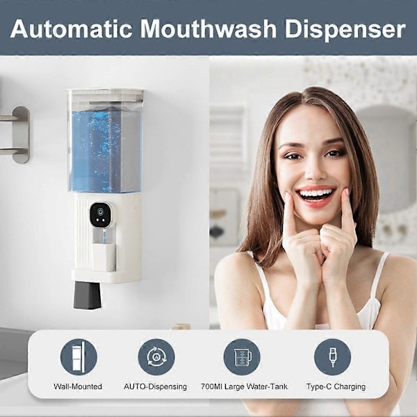 Munnskyll dispenser for bad, 700ML Smarte munnskyll dispensere, veggmontert automatisk munnskyll dispenser