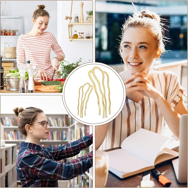 10 stk. hårnåler i sinklegering, U-formet hårnål med 4 pigger, damehårnål, vridd hårnål, gullfarget, DIY for kvinner og jenter