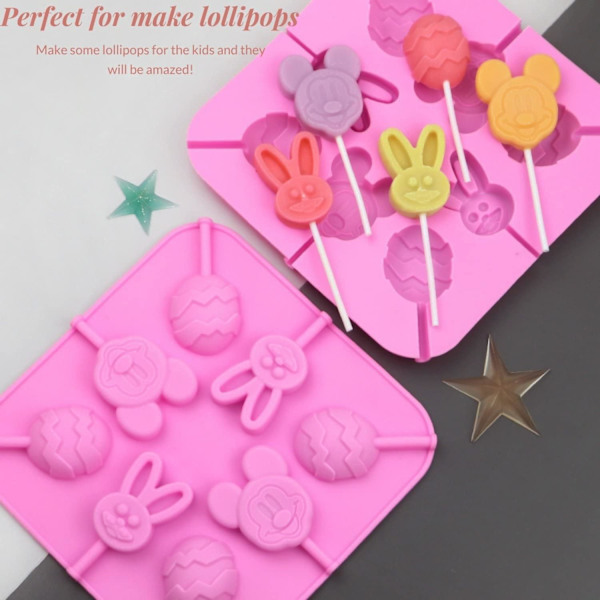 1 x Silikone Lollipopform - 8 hulrum Æg, Kaninhoved og Museform - Lollipopforme til Chokolade, Slik,