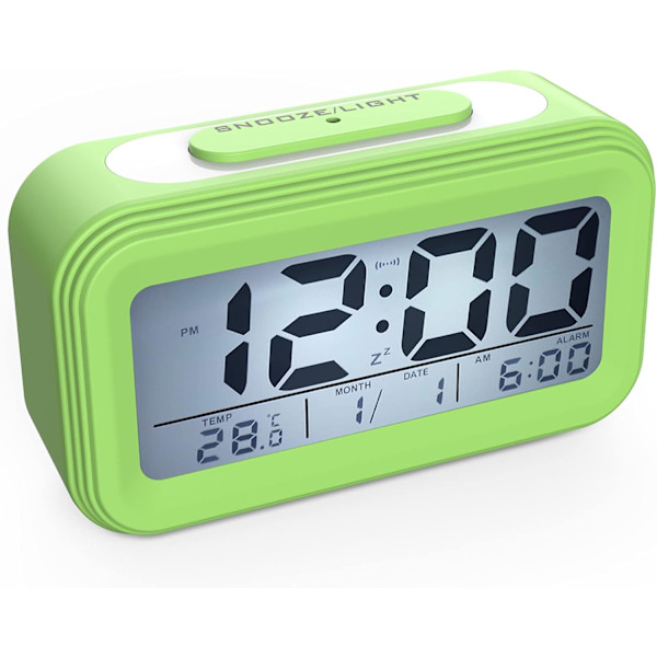 Digital väckarklocka, morgonväckarklocka, tyst batteridriven digital väckarklocka för barn och vuxna, stor LED-display, temperaturkalender, grön