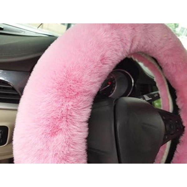 Tjock konstgjord päls vinter varm och fluffig bilrattskydd+växelspakskydd+handbromsskydd-3 delar/set rosa