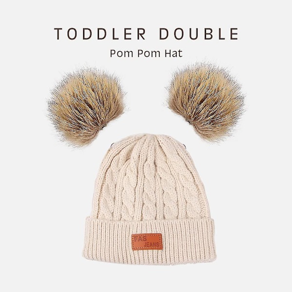 Spädbarn Småbarn Ullmössa Enfärgad Vinter Twist Dubbel Pom Pom Stickad Mössa Beige