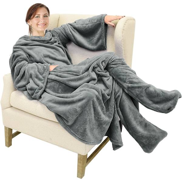 Bærbar fleece-tæppe med ærmer og fodlommer til voksne kvinder og mænd, mikro-plys komfortabelt wrap-sleeve tæppe-kåbe, stor, grå
