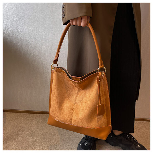 Storväska, trendig axelväska, frostad crossbody-väska, pendlarväska, texturerad Tote-hinkväska, brun