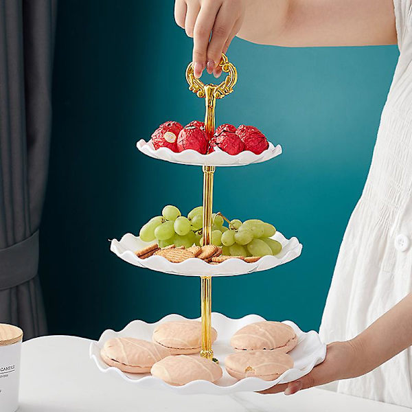 3-vånings kakställ, återanvändbart runt kakställ, fruktfat, plast dessertställ, cupcake-ställ, serveringsfat för fest White