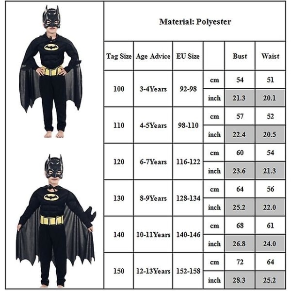 Batman Cosplay Kostume til Børn og Teenagere (3-13 år) - Muskel Bat Outfit Sæt med Jumpsuit + Maske + Kappe - Gave 8-9 Years