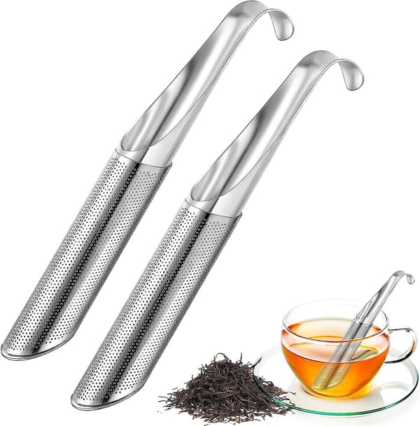 Rustfritt stål te-sil, 2-pakning finmasket te-sil med krok, te-infuser, rustfritt stål for løs te, rose, kaffe, krydder, te
