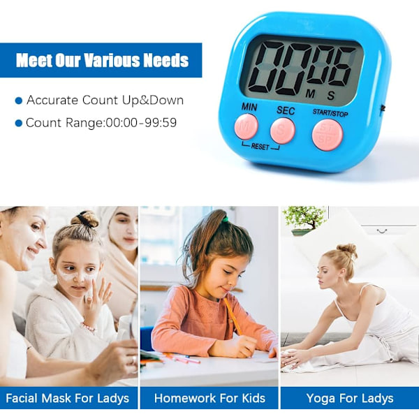 Magnetisk køkkentimer med stort LCD-display (blå), timere til madlavning, studier, høj alarm og nedtælling