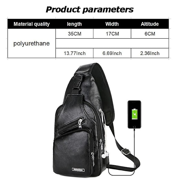 Usb-laddningsbröstväska med headset-hål Herr Multifunktionell Enstaka rem Anti-stöld bröstväska med justerbar axelrem Black