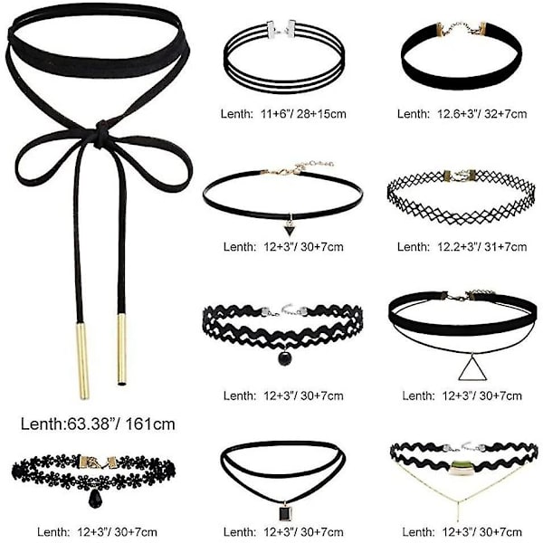 10 stk choker-kjede for kvinner og jenter, svart klassisk fløyel stretch gotisk