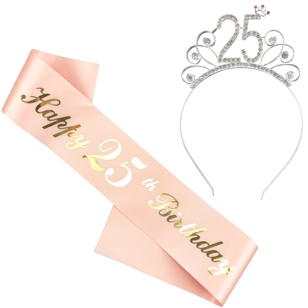 Fødselsdag Tiara og Sash, Glitter Satin Sash, Krystal Krone Tiara og Fødselsdagspige Badge til Piger Kvinder 25th