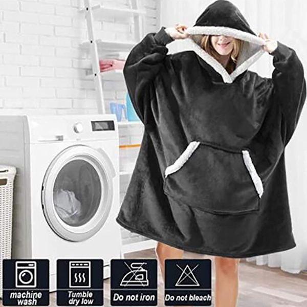 Oversized hettegenser teppe bærbart lam fløyel lat teppe black