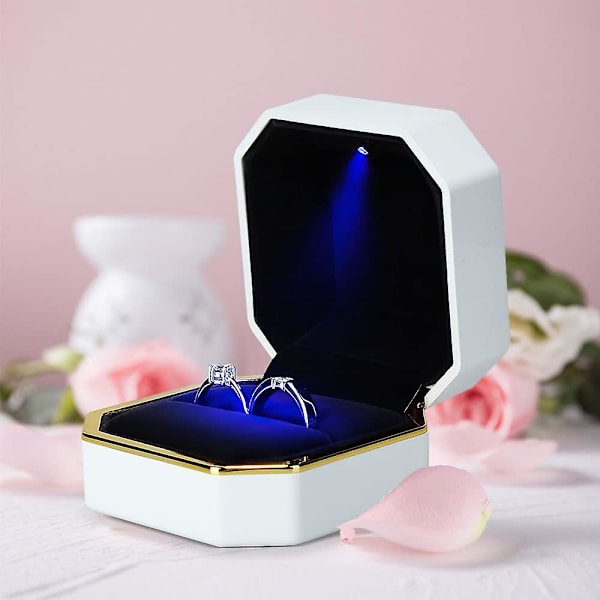 Ringæske med LED-lys, firkantet fløjlsringæske til bryllup, smykkegaveæske til frieri, forlovelse, bryllup White