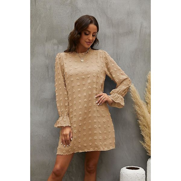 Bubbla Chiffon Jacquard Bottenklänning med Lång Ärm Khaki XL