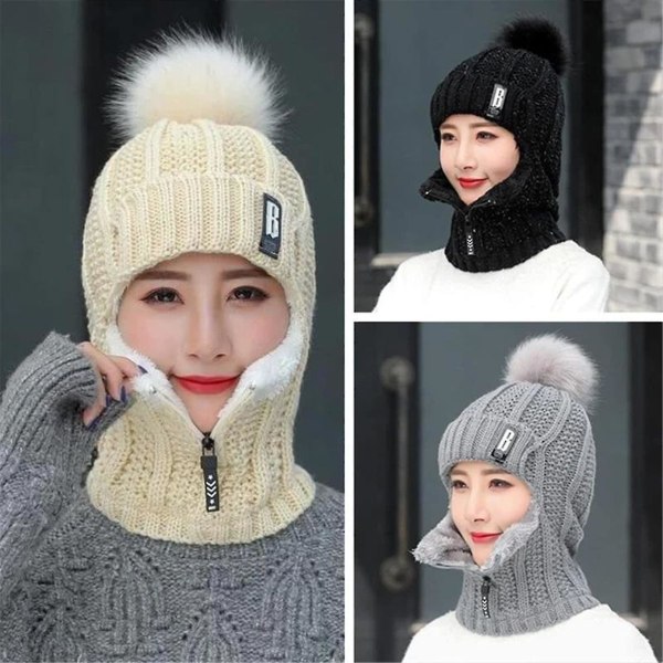 Winter Siamese Windproof Hat, Knitted Wool Hat, Women Wool Knitted Ski Sets, Thick Siamese Scarf Collar Warm Hat, Beige