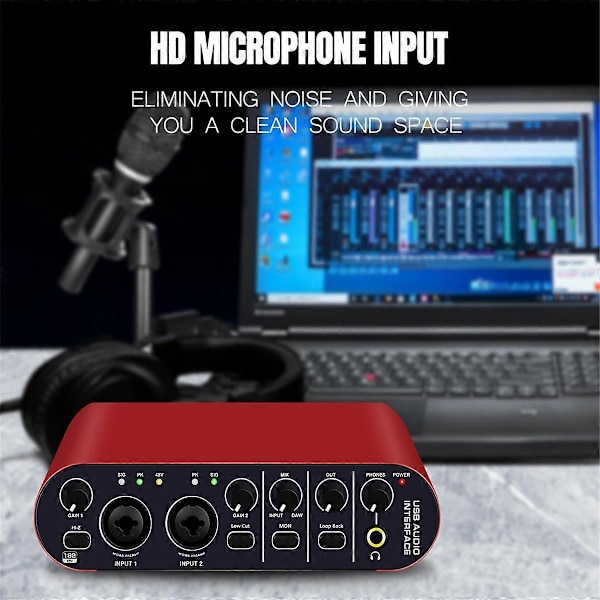 Professionellt 24Bit 192KHz Ljudinterface 2 Ingångar Ljudkort för Elgitarr Extern Studio PC Inspelningsstämmare