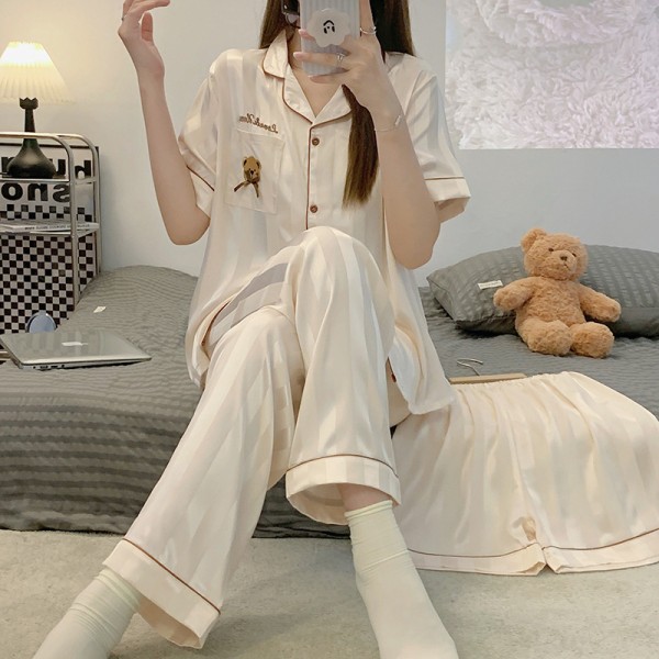 Storlek L Dam mjuk is silke kortärmad pyjamas tredelad set