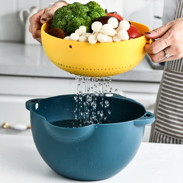 Blå och gul, röd och grå, plast sil, köksredskap, ergonomiska kanter, hällpip, praktisk och solid 1-pack