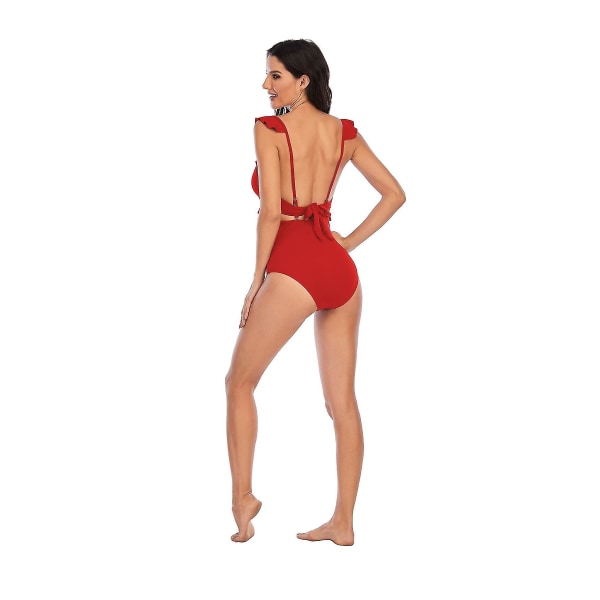 Solid Color Cutout Lace Up Sexy Bikini Push Up Kvinde Badetøj L Red