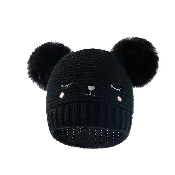Barnmössa med broderad stickning Höst och vinter Baby enfärgad dubbel boll ullmössa svart