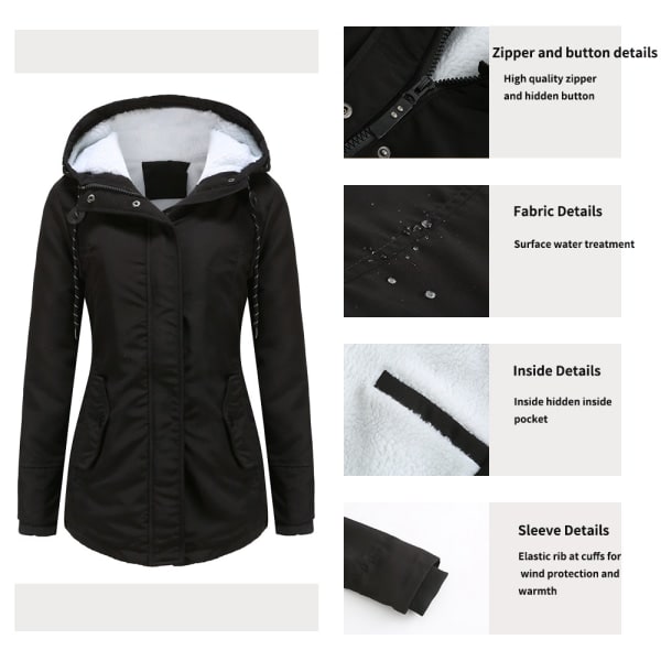 Varm vinterjacka med Sherpa-foder för kvinnor, tjock parkas med huva Black XL