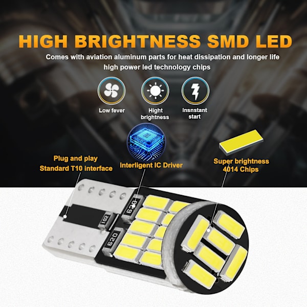 10 stk. T10-4014-26smd Hvidt lys Dekodningslampe Super Bright LED Bred Bredde Pære Nummerpladelampe Læselampe