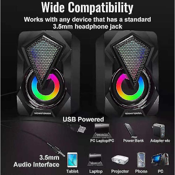 2.0 USB-drevne stationære computerhøjttalere lysende RGB-kablet minihøjttaler