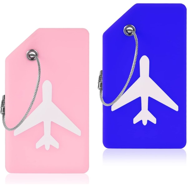2 rosa + blå silikonbagagelappar med ID, silikonbagagelapp med rostfritt stålsladd, handväska