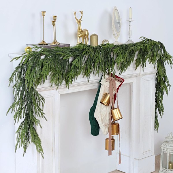 9FT Real Touch Norfolk Pine Garland - Kunstig Julekrans Grønn Lang Kunstig Furu Krans for Høytidsvindu Peis Innendørs Utendørs Dekor