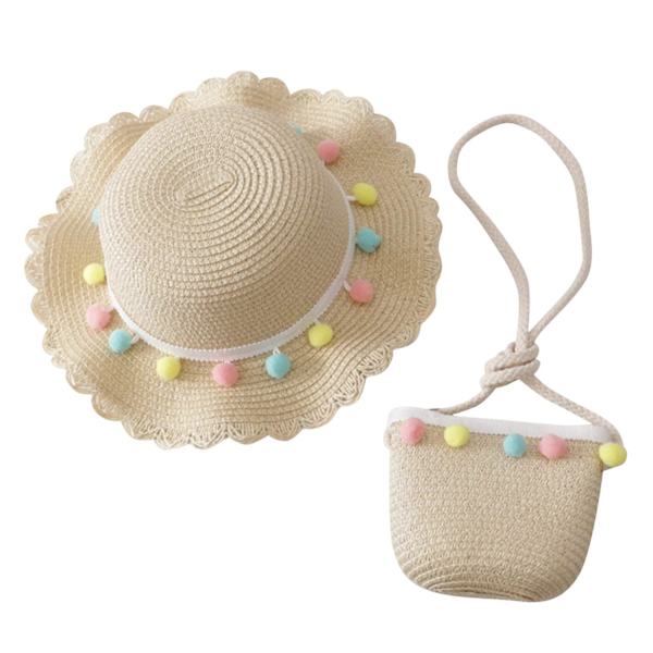 Barn Flickor Bred Brätte Strand Halm Solhatt Med Handväska Söt Prinsessa Pompom Sommarhattar