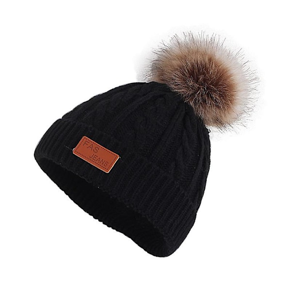 Ullmössa för småbarn Enfärgad Vinter Twist Enkel Pom Pom Stickad Mössa Black