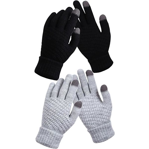 2 par dam vinter touch screen handskar varma fleecefodrade stickade handskar elastisk manschett vinter sms handskar svart + grå