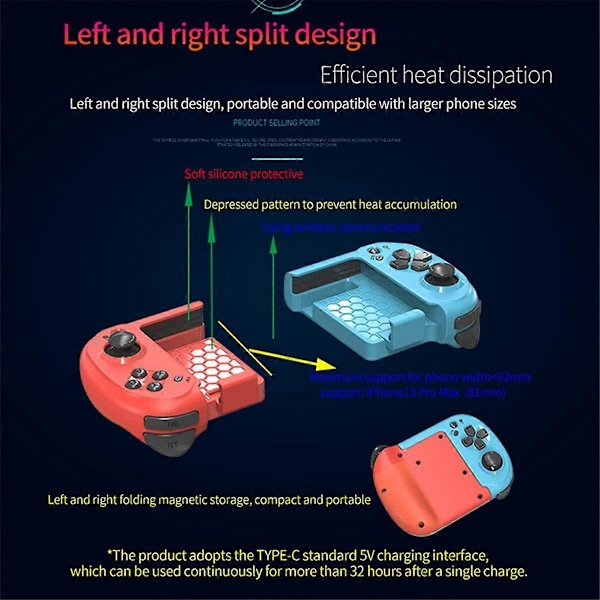 061 Trådløs Venstre Højre Split Spilcontroller Bluetooth Gaming Joystick til Android til IOS PC - Rød Blå