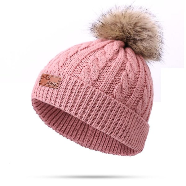 Toddler Uldhat Vinter Twist Dobbelt Pom Pom Strikkede Huer Cap Pink Dark Pink