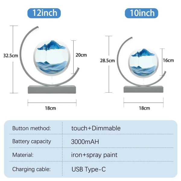 LED bevegelig sandkunst bordlampe, 3D timeglass dyphavssand scene display flytramme 12 tommers nattbordslampe hjemmedekorasjon