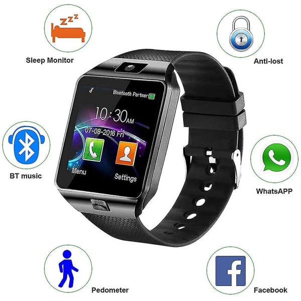 Bluetooth Smart Watch, Touch Screen Handled Smart Phone Watch Kamera Stegräknare Med Sim Sd-kortplats